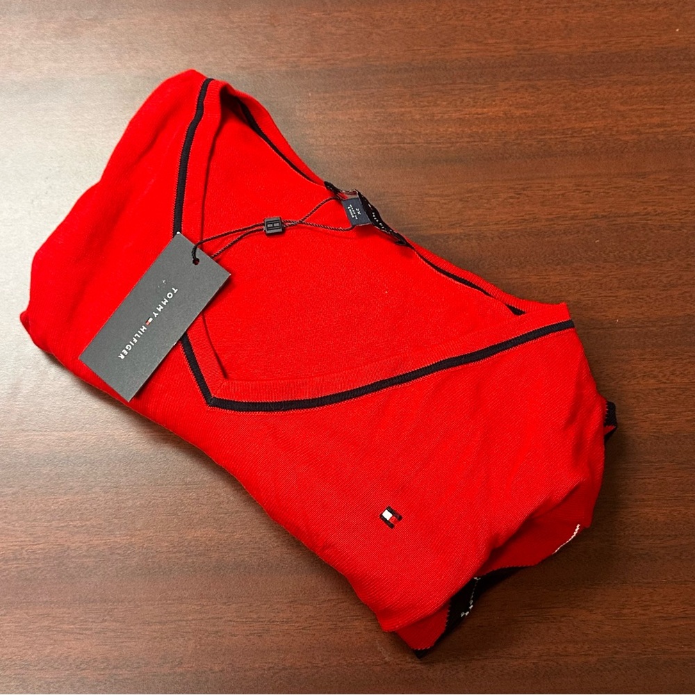 Tommy Hilfiger Vivid Red Pullover Sweater w/ Navy Accents Womens Size 2X NWT $69